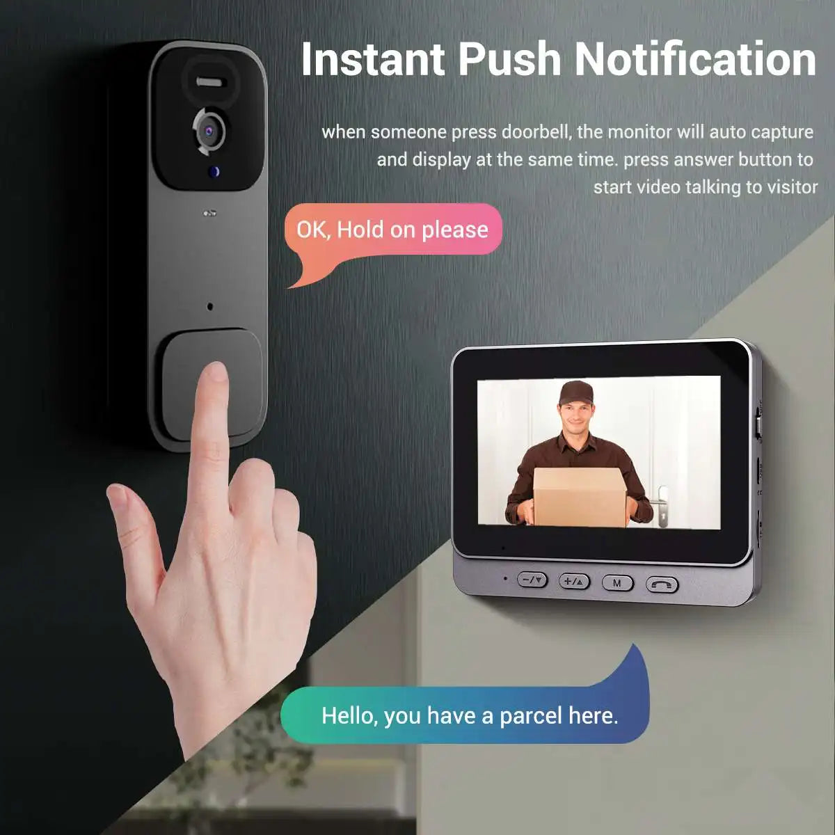 Smart Video doorbell Black 4.3 inch Monitor HD Night Vision Intercom with 64GB Storage card