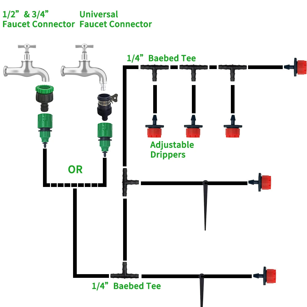 Faucet connector and barbed tee layout with adjustable drippers for micro drip lines