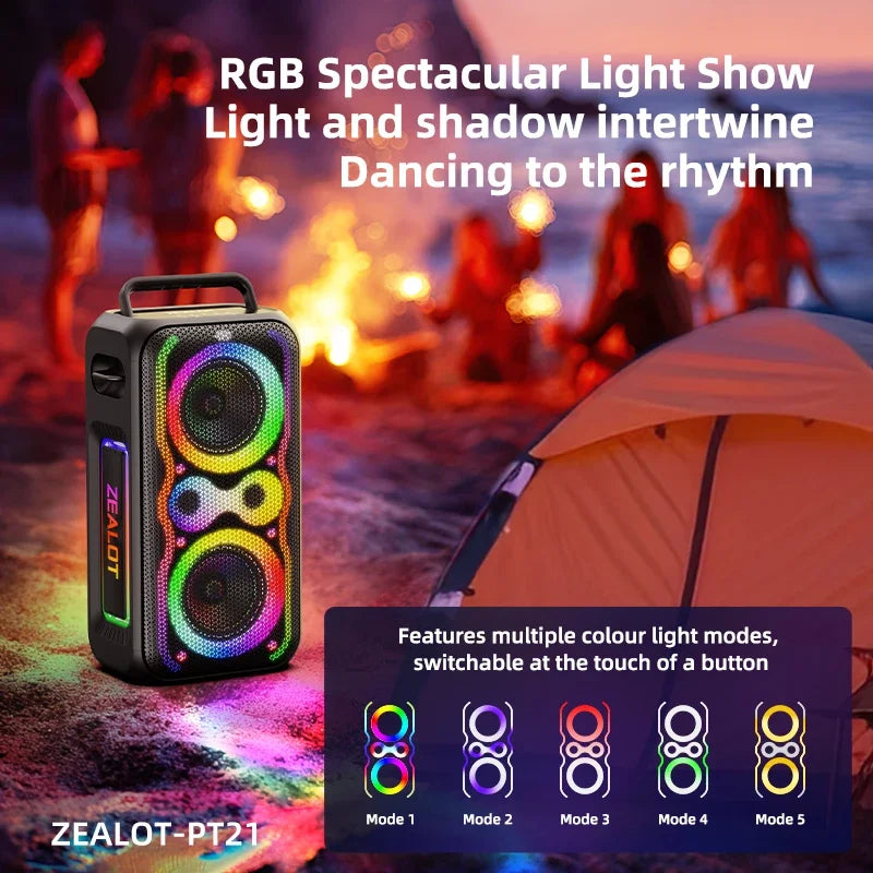 Zealot-PT21 Large Portable Bluetooth Speaker Loudest，200W Deep Bass, V5.3 Big Party Boombox Wireless Speaker For Camping Hiking
