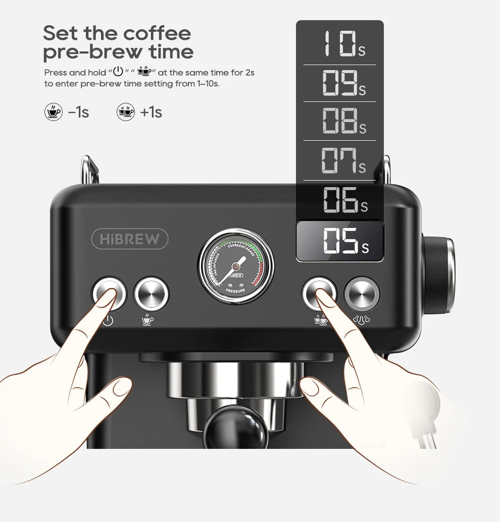 HiBREW black espresso machine showing digital pre-brew time settings, pressure gauge, and push-button control panel.