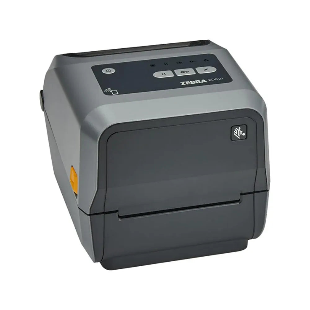 Compact Zebra thermal label printer in grey and black with display and front door