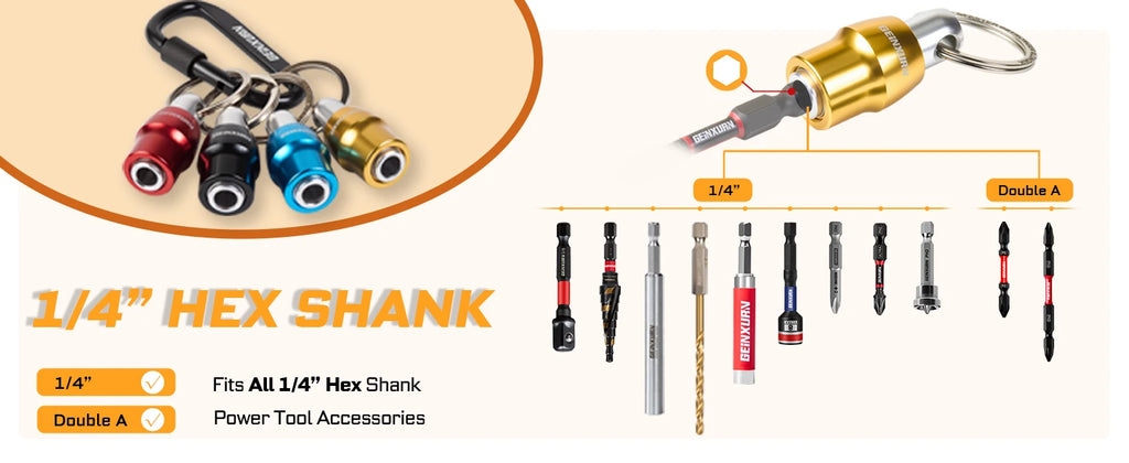 Geinxurn Keychain Bit Holders Set,1/4" Hex Shank Bit Holder, Premium Aluminum Construction,Compact Keyring Design for Easy Carry