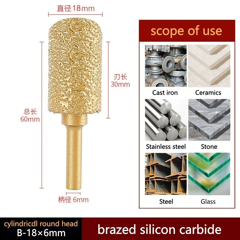 Brazed silicon carbide grinding head, cylindrical round top on 6 mm shank; gold; 18 mm.
