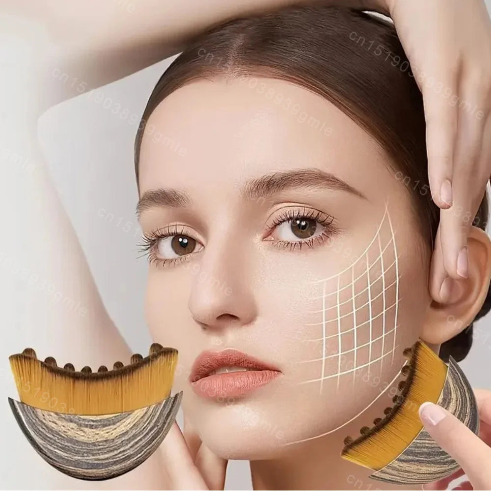 A woman’s face with a grid overlay alongside a crescent-shaped lymphatic contour brush with brown and gold bristles.