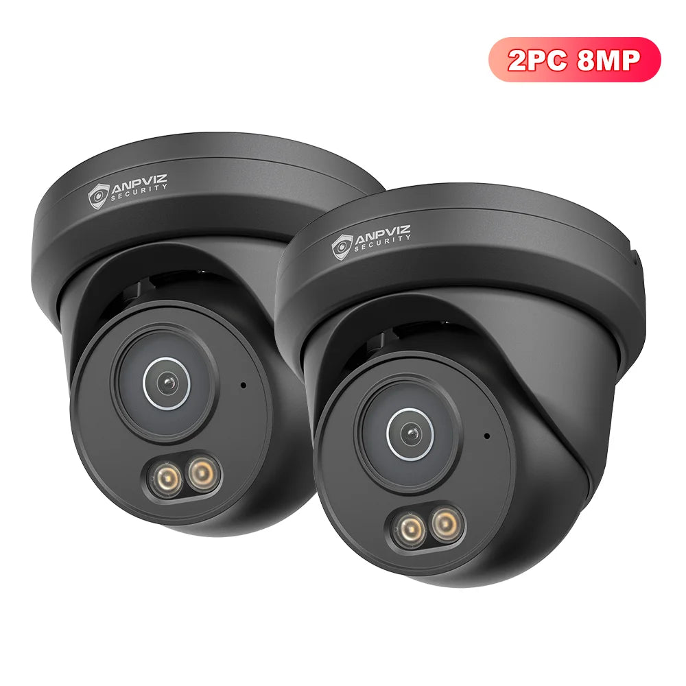 Set of two black turret IP security cameras with lens and dual IR LEDs, 8MP