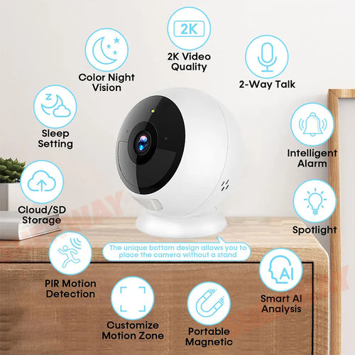 White wireless security camera with black lens, 2K video quality and 2-way talk icons