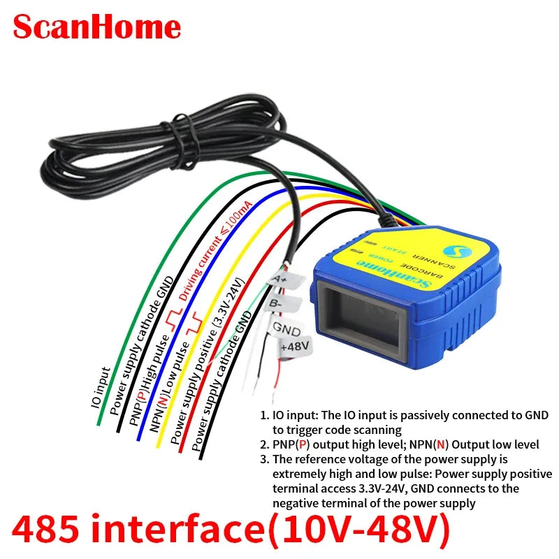 Blue barcode scanner module with LCD window and multi-wire RS-485 connection leads
