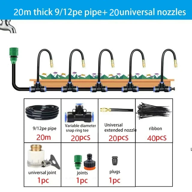 Automatic rotating sprinkler irrigation kit with black 9/12 pipe, green valve, 20 nozzles, copper tips