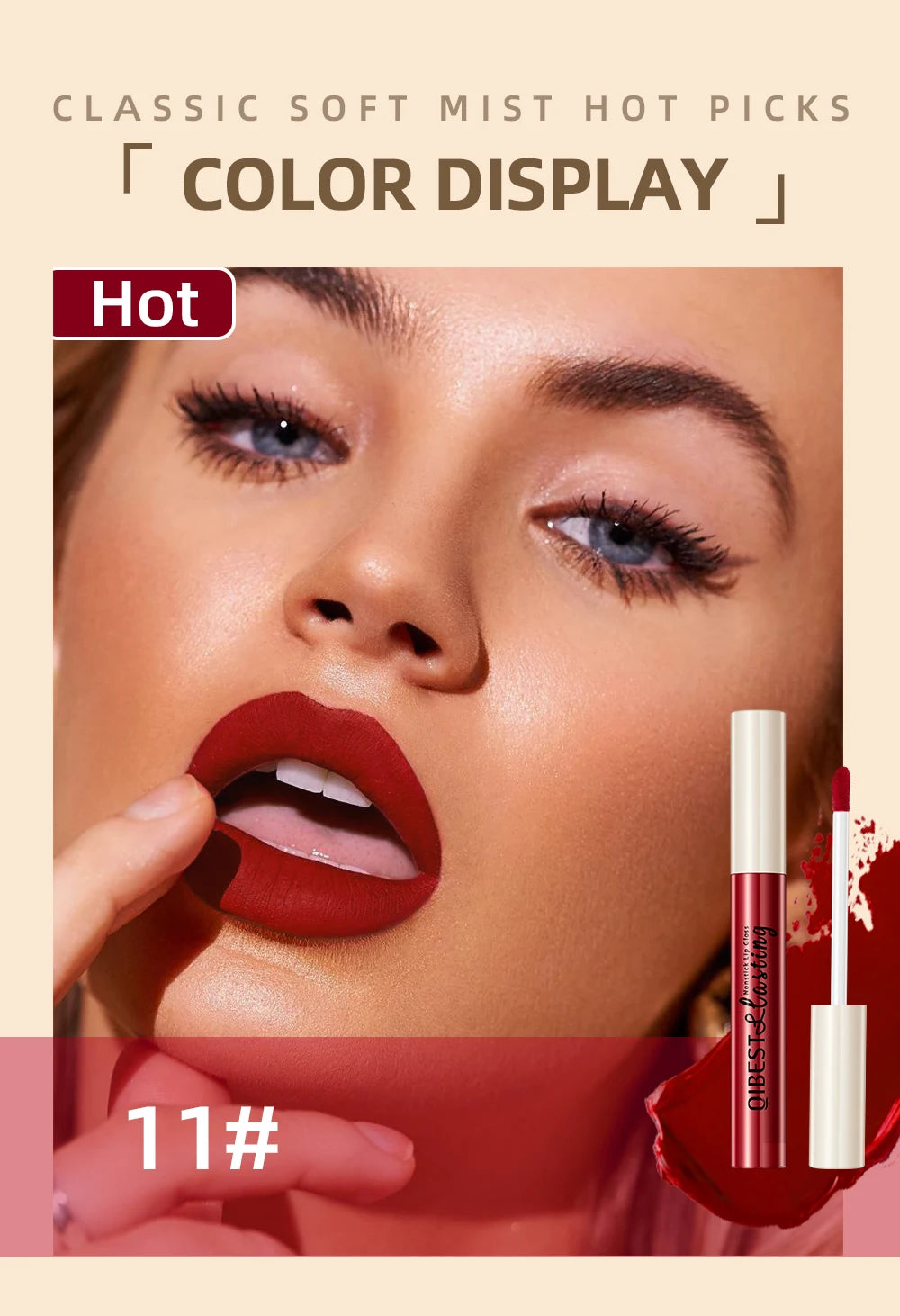 Model wearing long-lasting waterproof matte liquid lipstick in bold red velvet shade with lip gloss wand applicator.