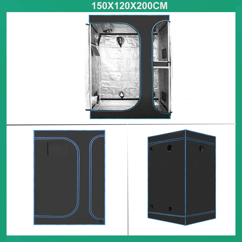 Grow tent set with dark frame and white inner lining, open doorway view and side panels
