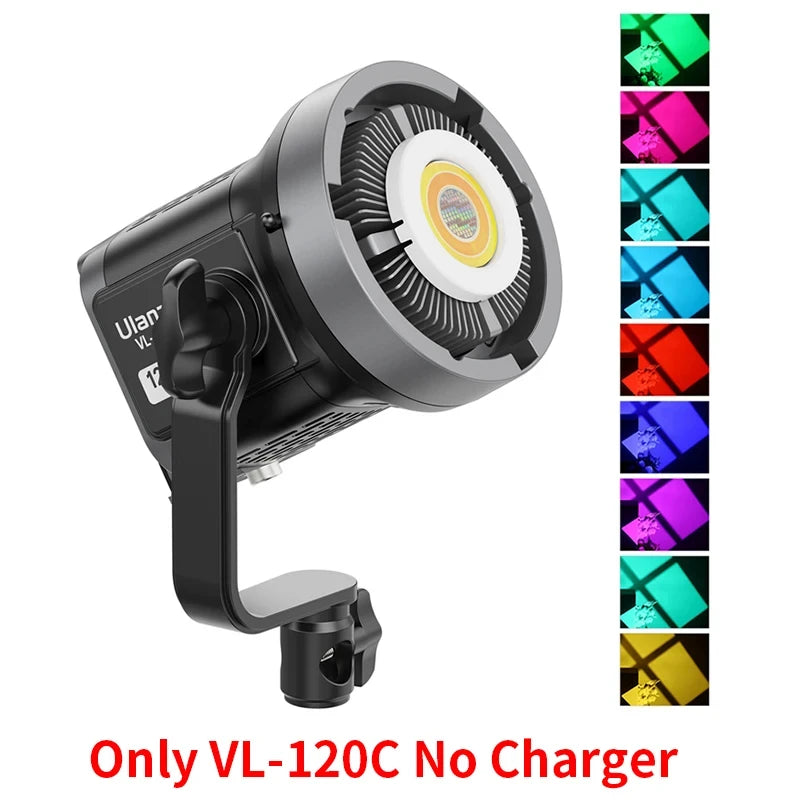 VL-120C black portable LED video light with adjustable mounting bracket, showing various color light options.
