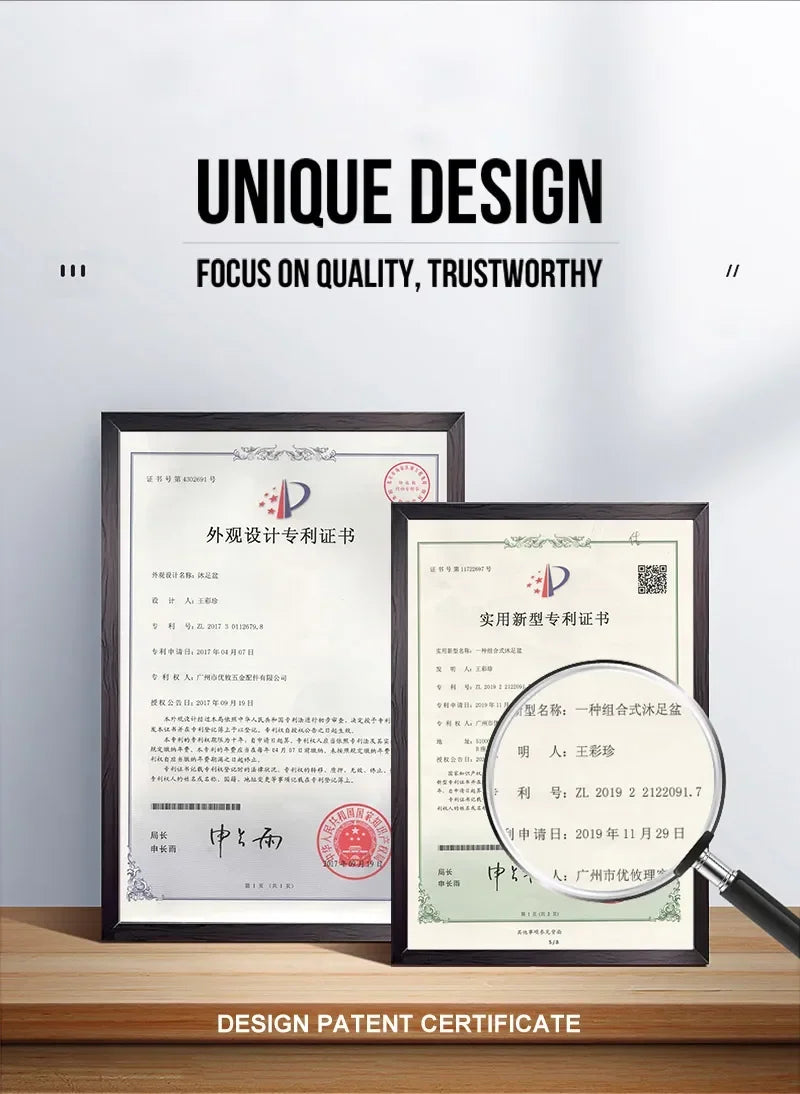Framed design patent certificates for the hydro-massage foot bath