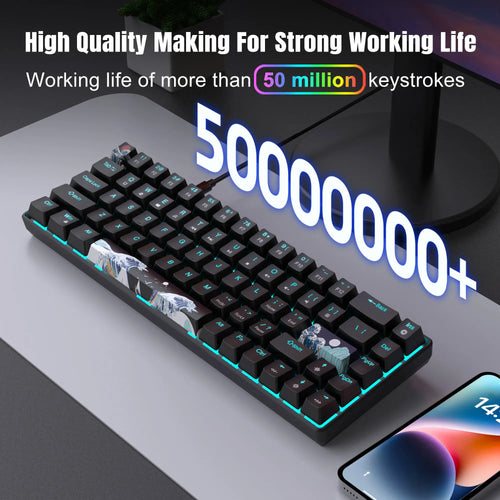 Ultra-compact 68-key mechanical keyboard with blue switches, black frame, and custom Japanese wave art spacebar and key.