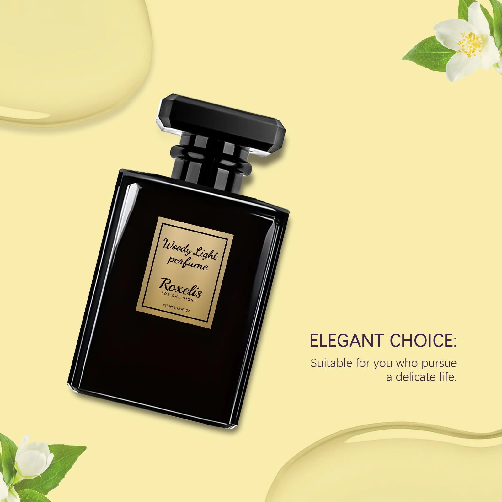 Roxelis Woody Light cologne for men: black rectangular bottle, long-lasting woody fragrance with jasmine floral notes.