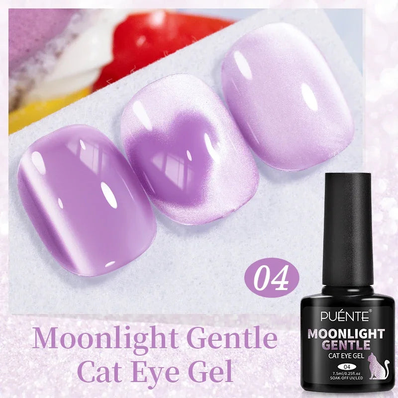 Moonlight Gentle cat eye gel polish in lavender. Includes a 7.5ml bottle and three oval nail swatches with heart design.