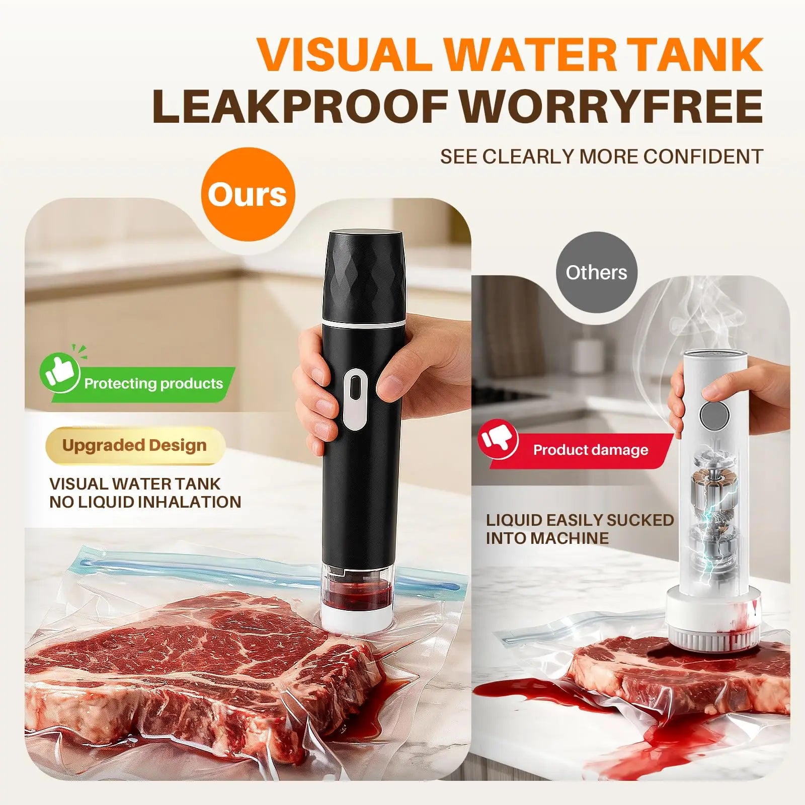 Food Vacuum Sealer, 60KPA Powerful Suction Handheld Vacuum Sealer Machine, Rechargeable for Meal Prep, Camping & RV Travel