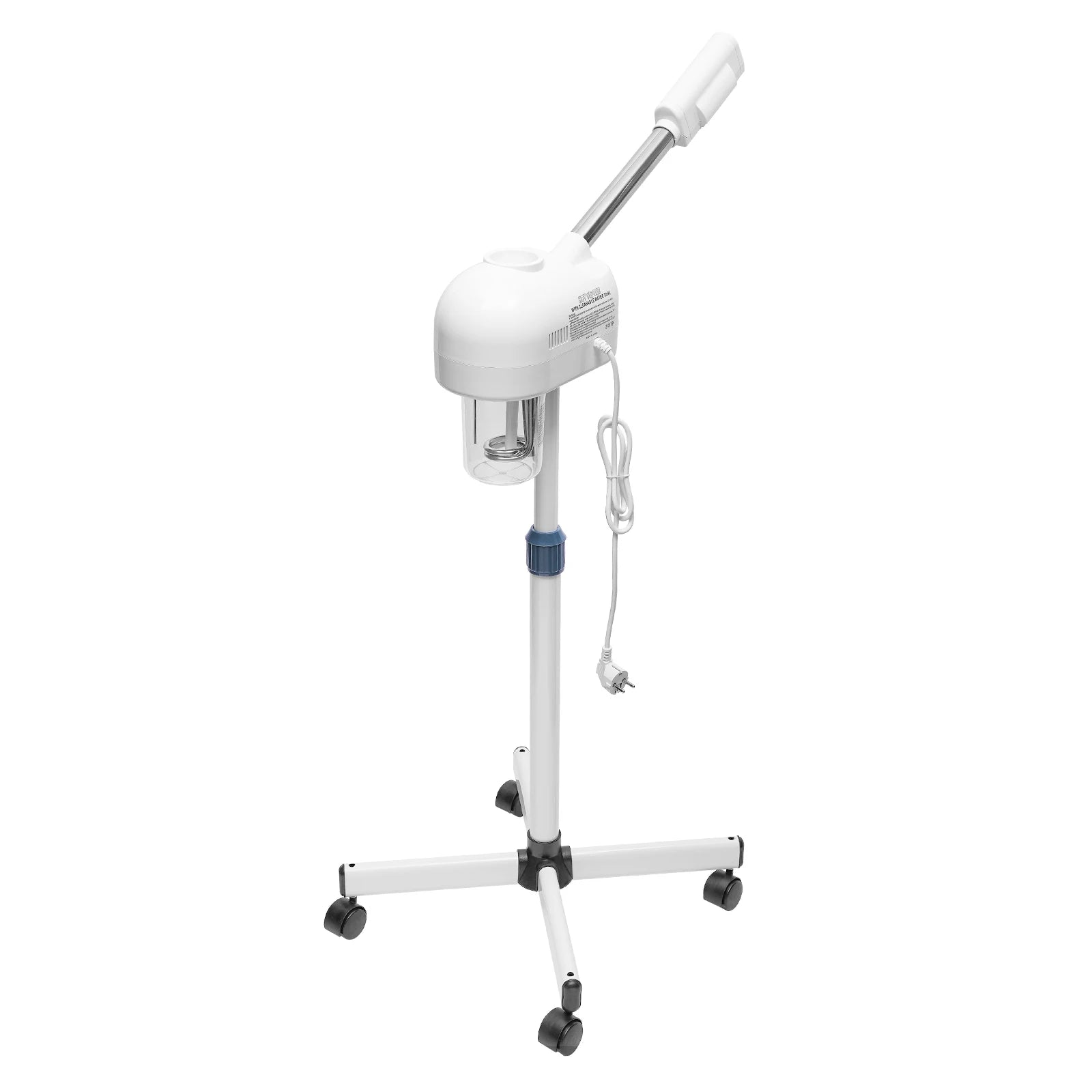 White 750ml professional facial steamer on adjustable rolling stand for spa, salon, and home skincare treatments.