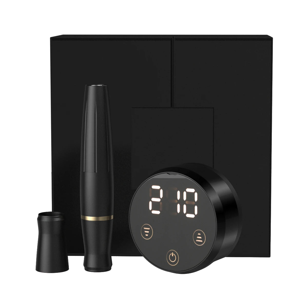 Black matte handheld hair tool with nozzle, control dial showing 210, and square storage box.