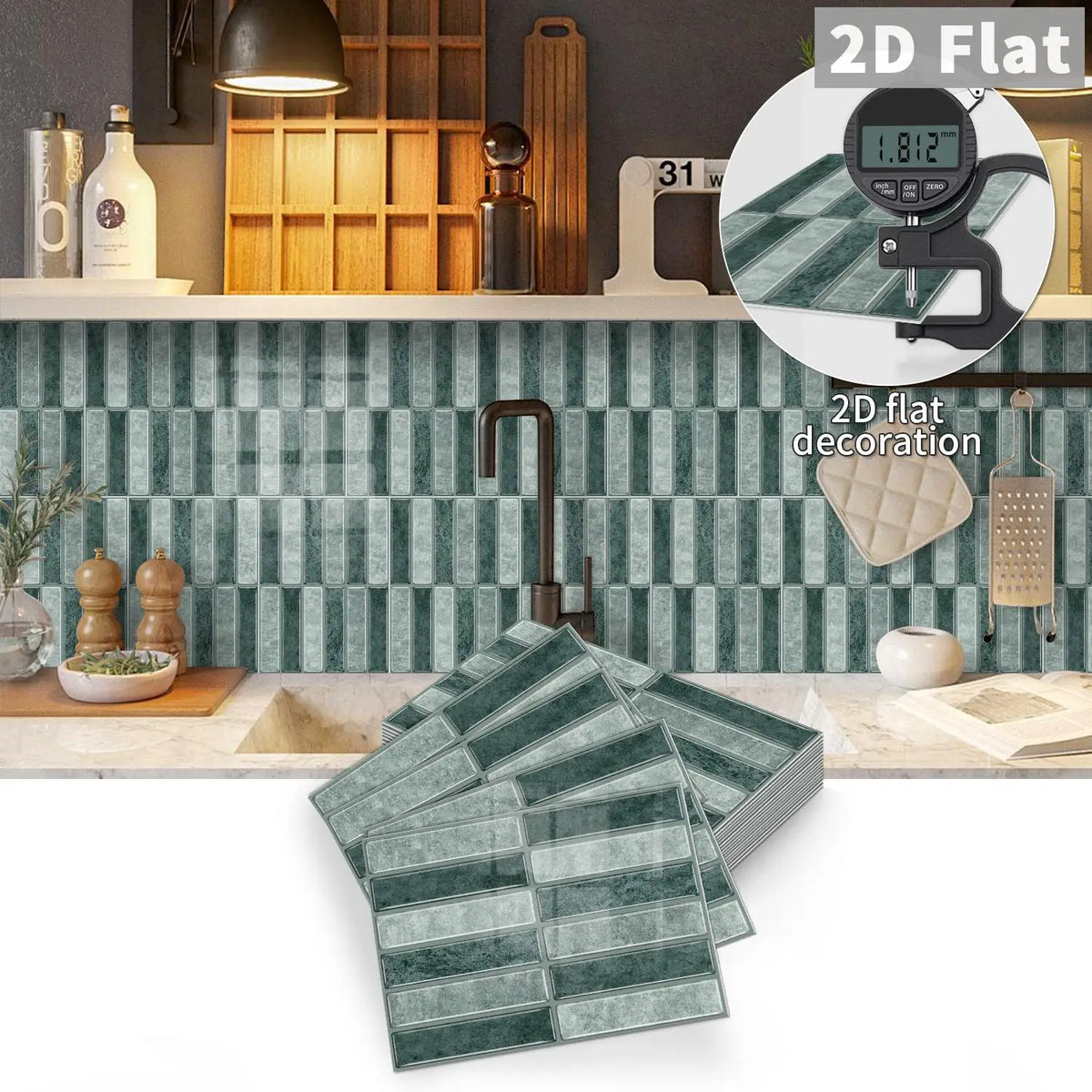 Dark teal self-adhesive tile decal sheets with raised brick pattern for walls