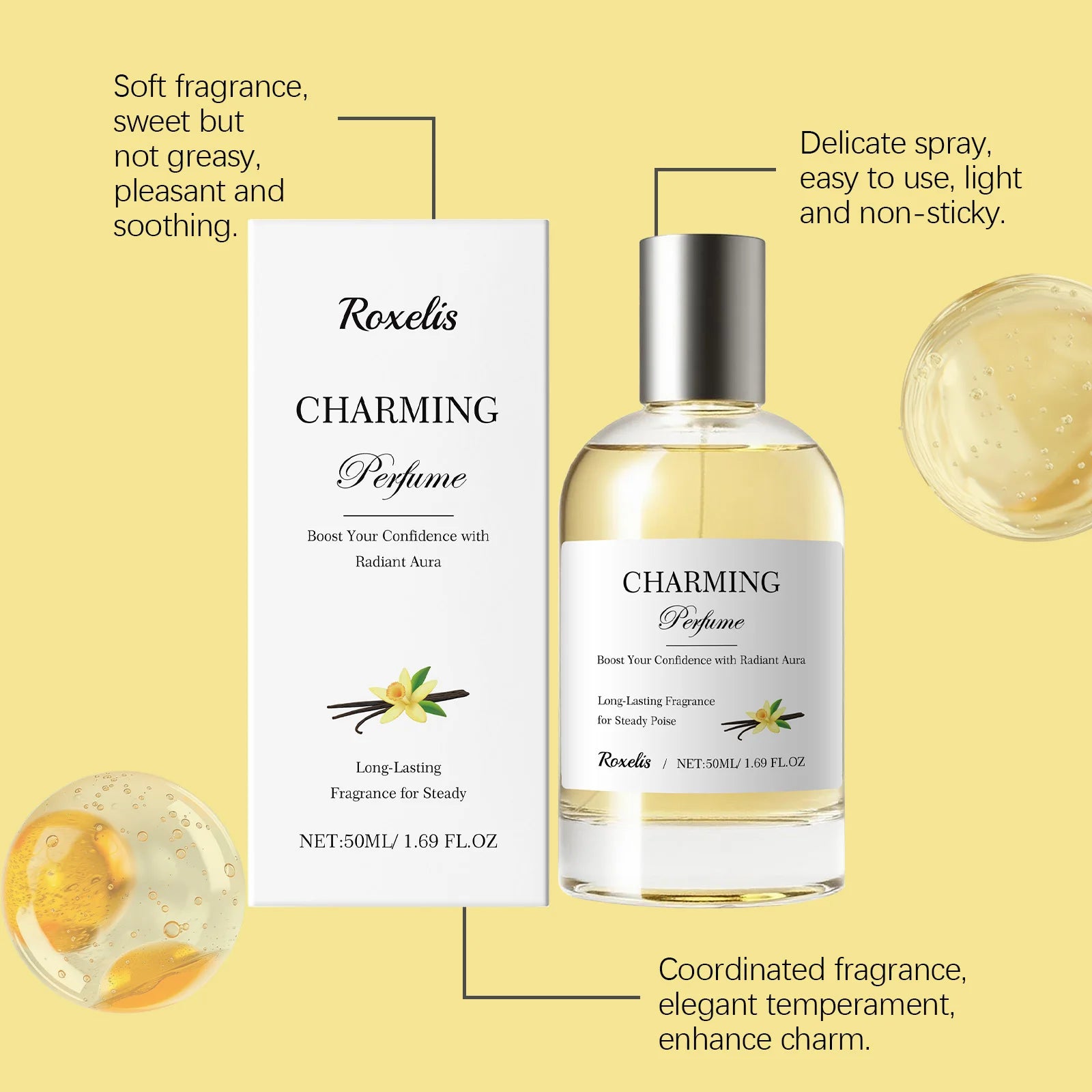 Roxelis 50ml Amber Vanilla perfume for women. Long-lasting, elegant scent in a classic round clear glass spray bottle.