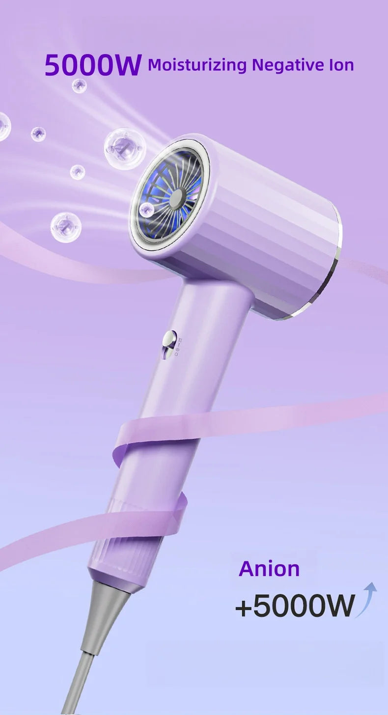 Purple 5000W high-power ionic hair dryer for fast salon-style drying with moisture-locking negative ion technology.