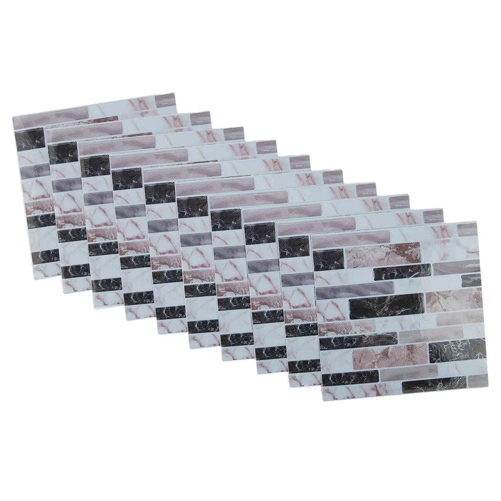 3D mosaic tile wall sticker sheet, pale pink and white with black marble brick strips