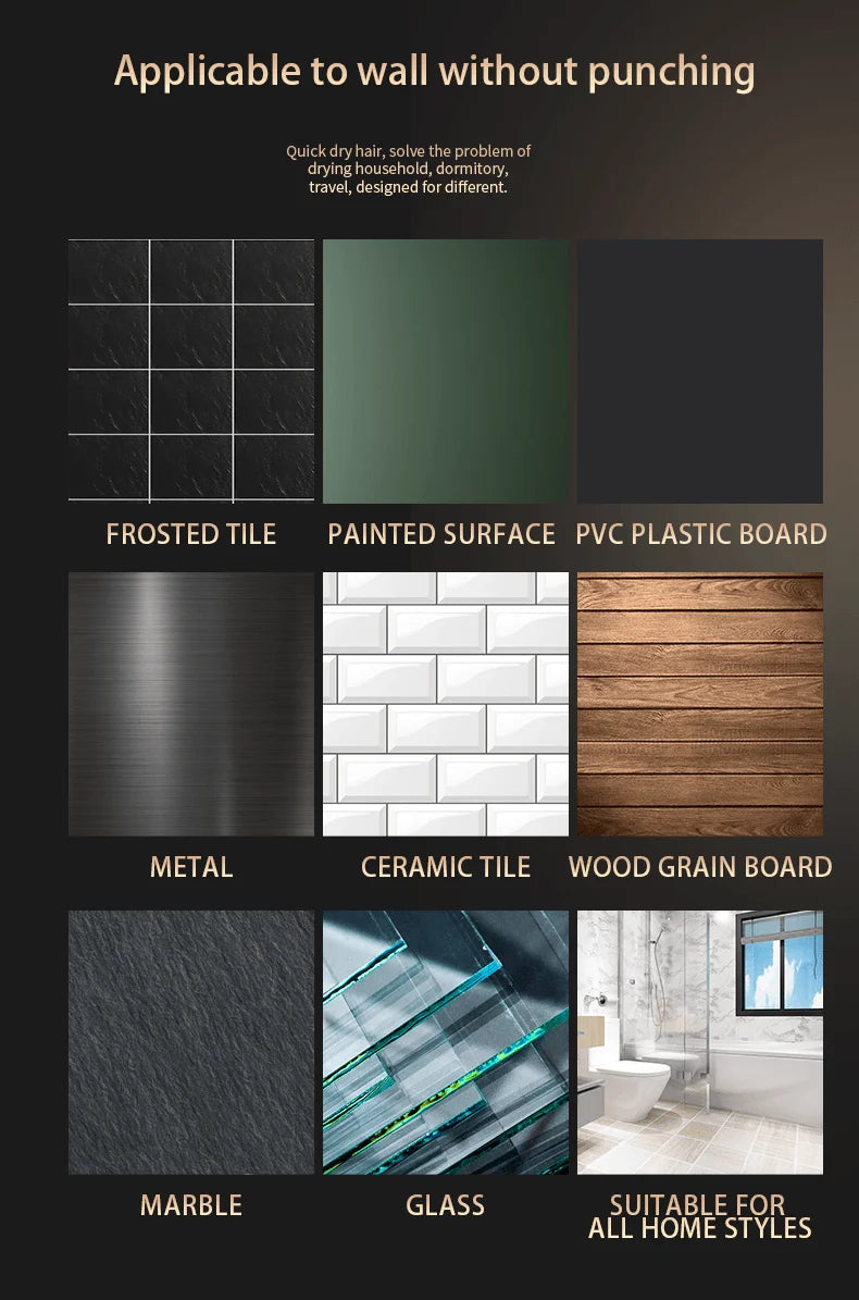 HOMEFISH wall-mounted hairdryer mounting chart for tile, metal, marble, and wood surfaces. No-drill bathroom install.
