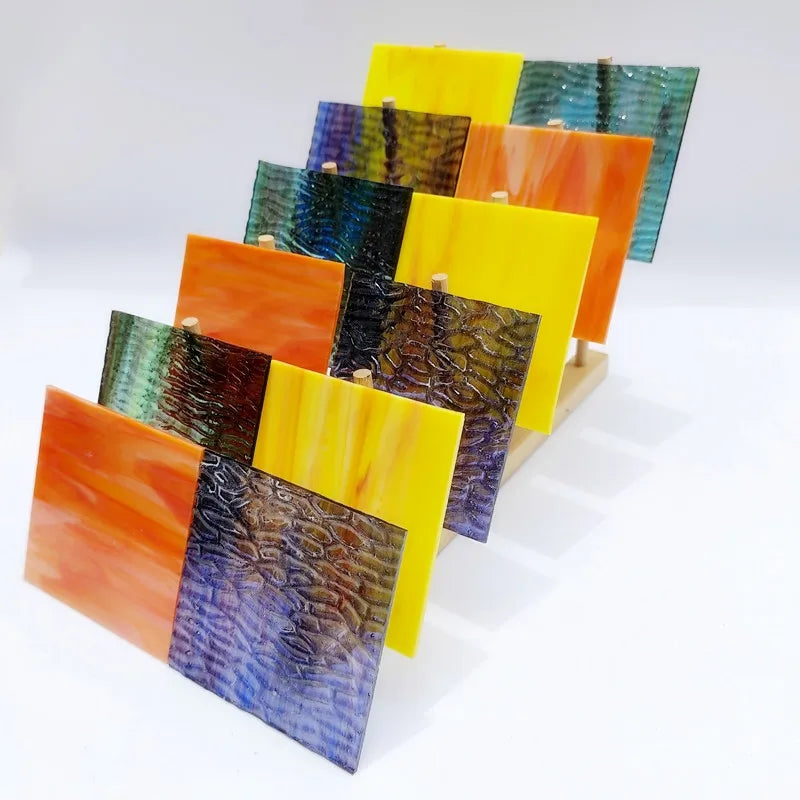 Assorted textured translucent stained glass square tiles, orange, yellow, blue, green, purple