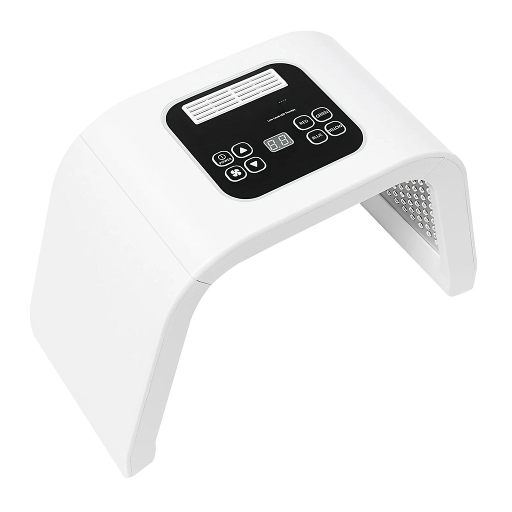 White arched LED light therapy machine with a digital control panel for professional skincare and facial treatment.