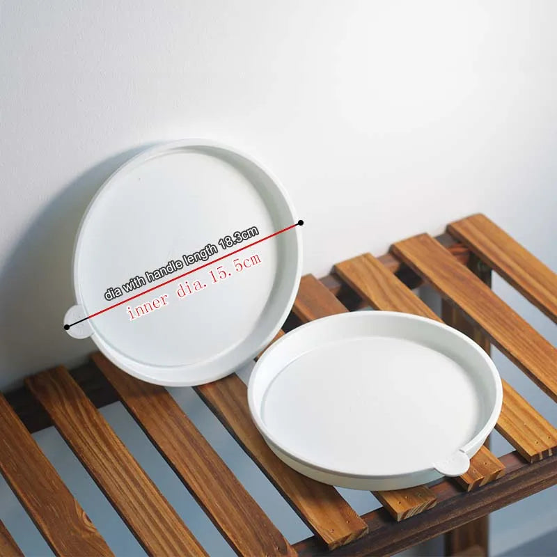 Round white plant saucer trays with drain handle, two-piece set for pot drainage