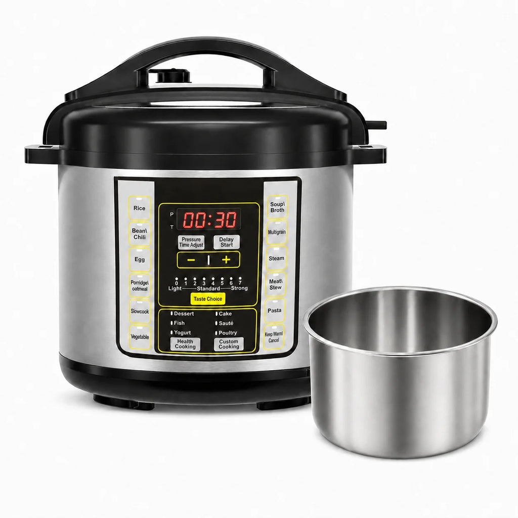 Electric pressure cooker with digital control panel and stainless steel inner pot