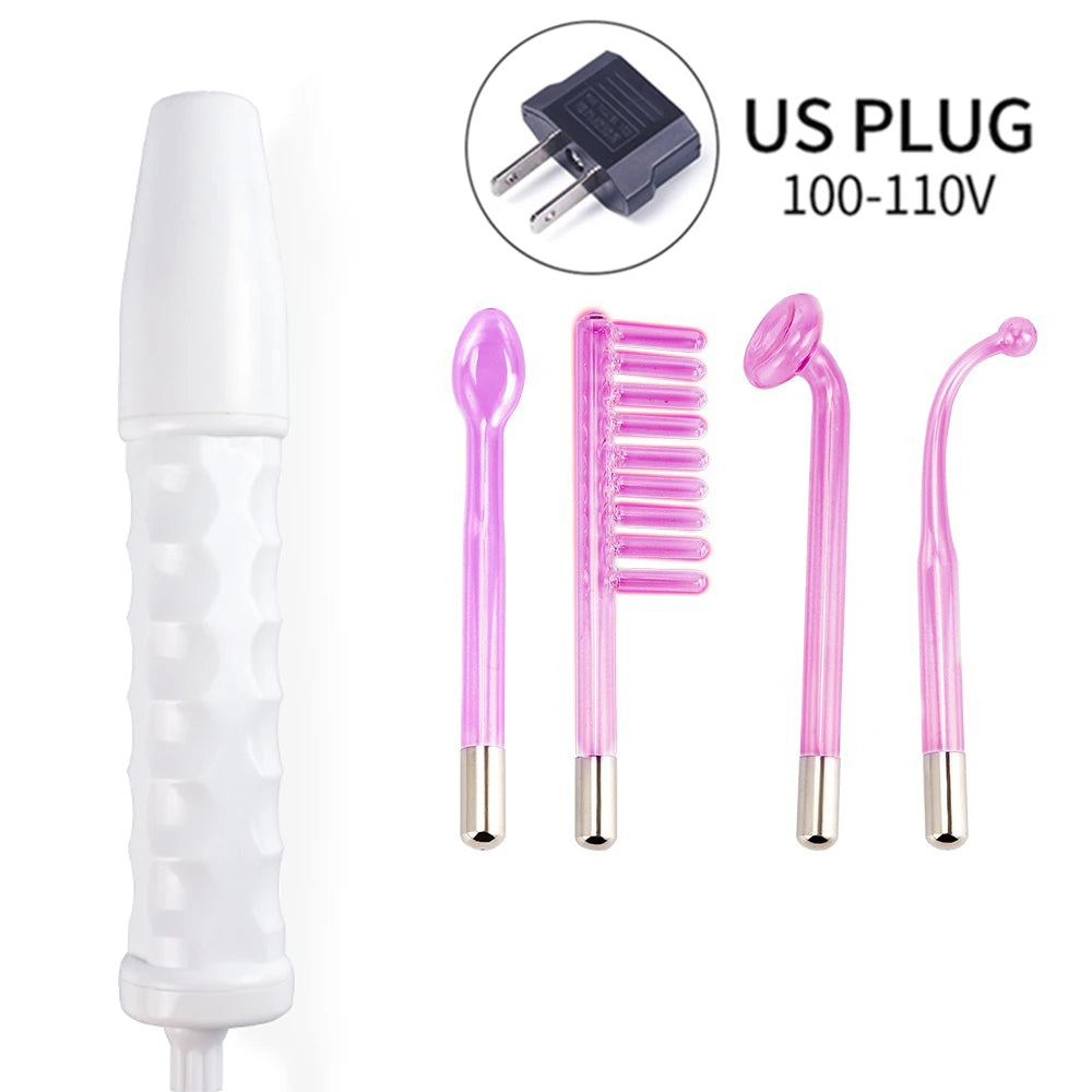White high-frequency facial wand with four purple glass electrode attachments and a US power plug adapter.