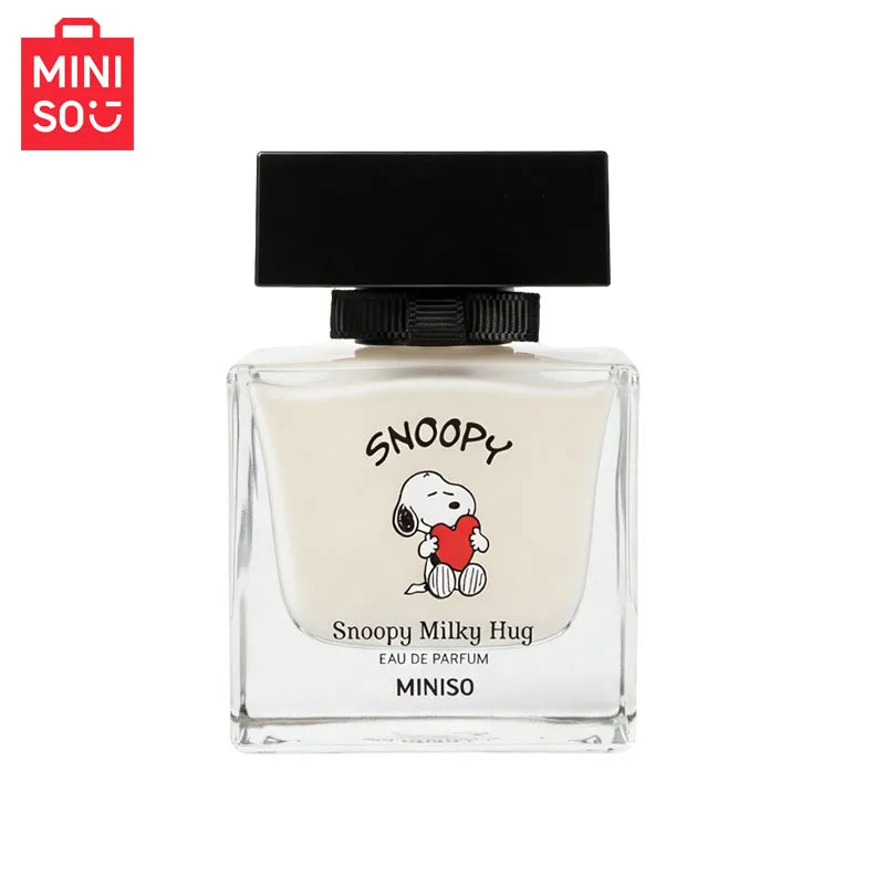 MINISO x Snoopy Milky Hug EDP for women: 50ml floral perfume in a square glass bottle with black cap.