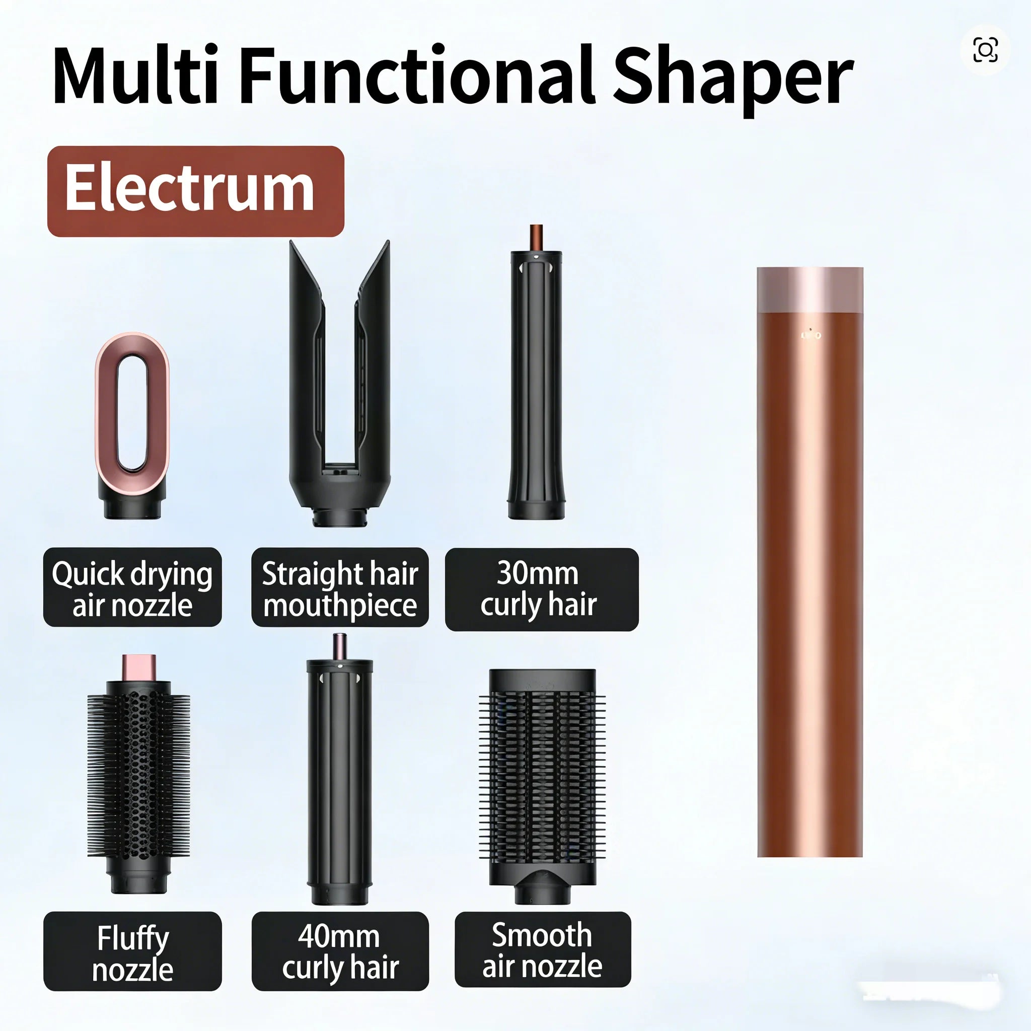SenCiciMen 6-in-1 multi hair styler in bronze with 6 interchangeable attachments for drying, curling, and smoothing.