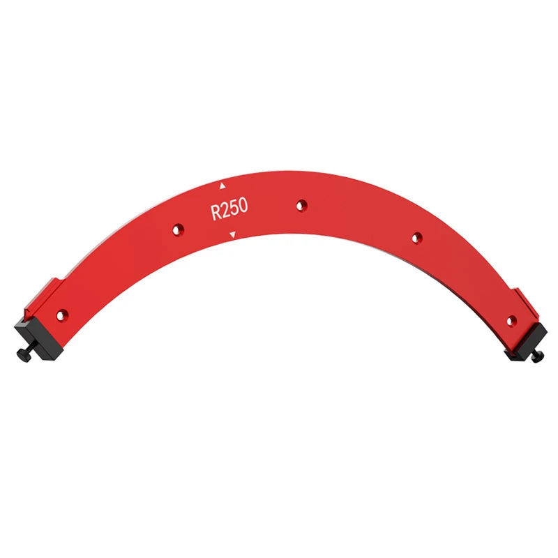 Radius router template jig, red arc with R250 marking and corner clamps
