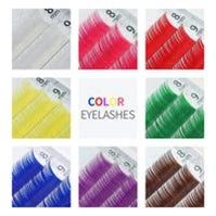 Individual lash extension strips in multi-colored synthetic fibers, labeled 8mm and 9mm for professional application.