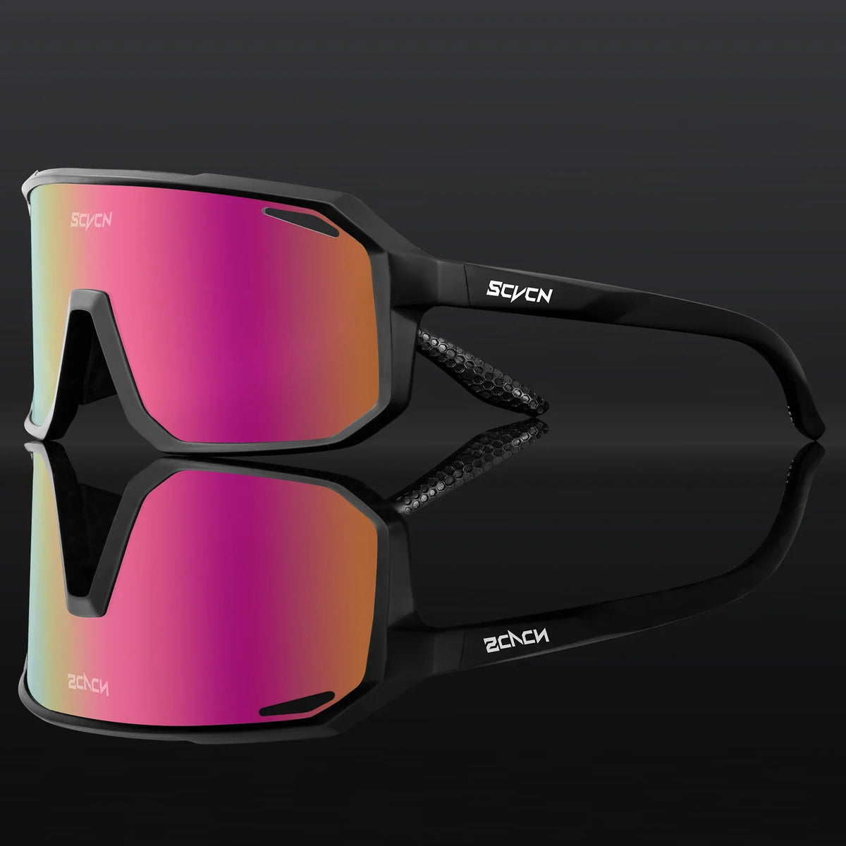 Cycling sport sunglasses with pink mirrored lenses and black frame, two-lens view