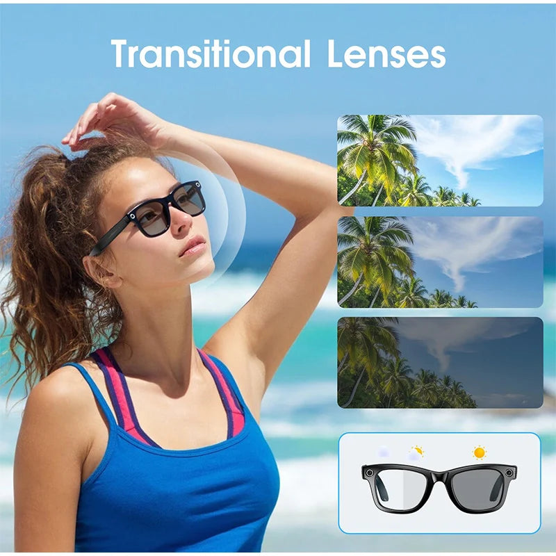 Black rectangular transitional sunglasses that darken in sunlight, worn by a woman at the beach.
