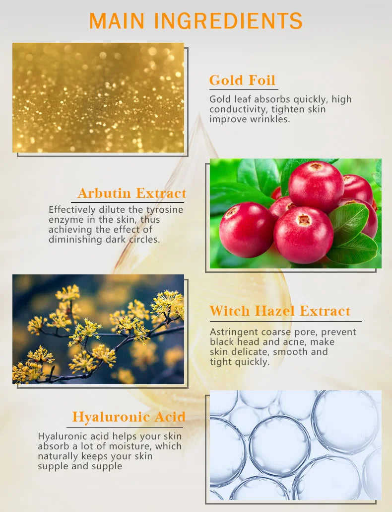 ARTISCARE 24K Gold Serum set ingredients: gold foil, arbutin, witch hazel, and hyaluronic acid for facial skincare.
