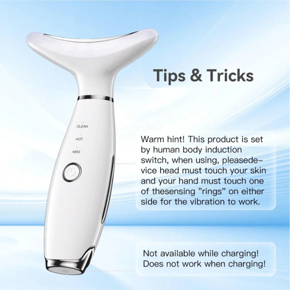 White, T-shaped neck and face beauty device with a power button and text overlay explaining operation instructions.