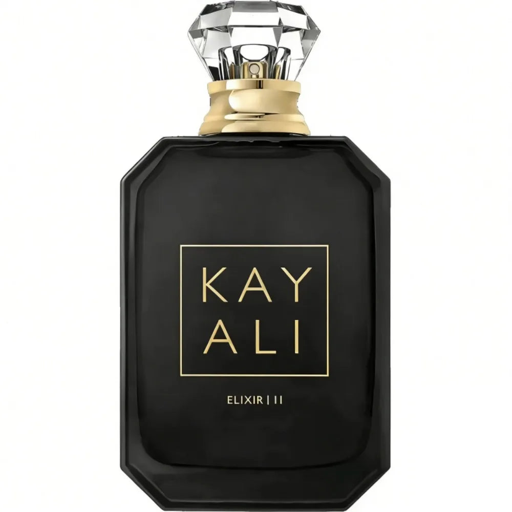 Kayali Elixir 11 Unisex Perfume, 100ml. Black rectangular glass bottle, crystal cap, luxury Arabic EDP fragrance.