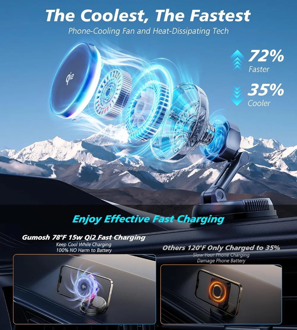 Magnetic Wireless Car Charger with Cooling Fan for iPhone 15-17 Tidesmit