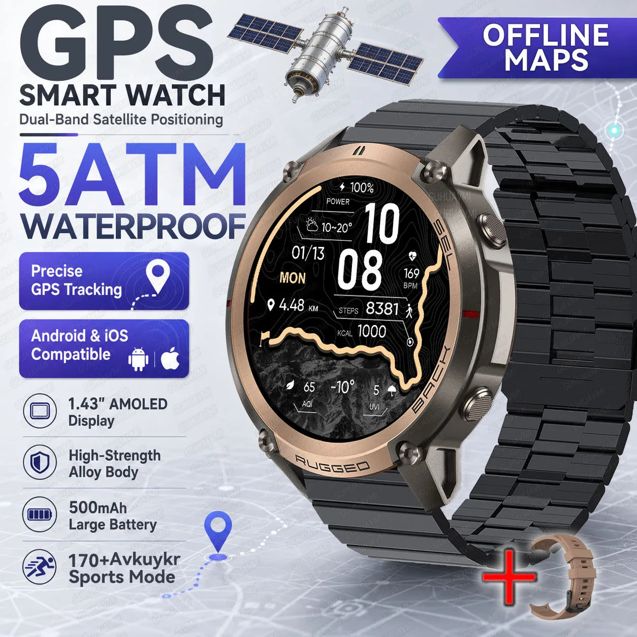 New Rugged GPS Sport Smartwatch 1.43" AMOLED Screen 5ATM Waterproof Offline Map Compass 500mAh Smart Watch for Men Android iOS