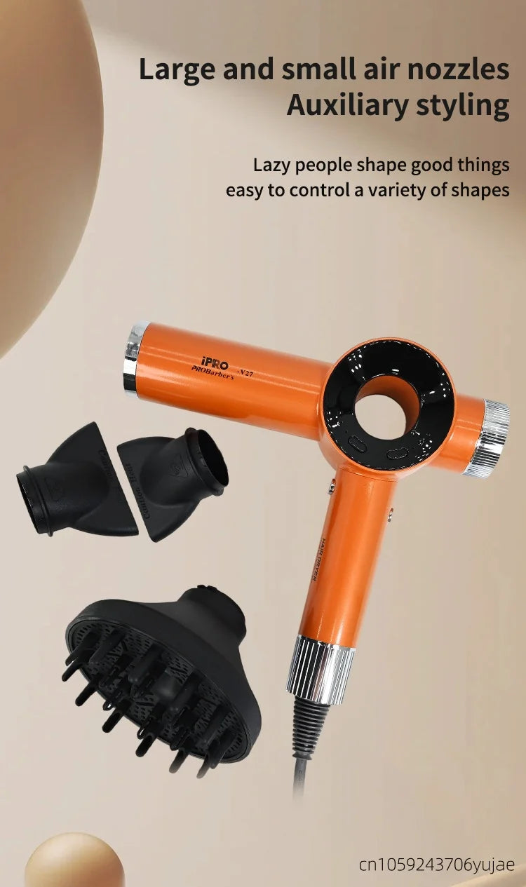 Orange 120k RPM bladeless professional hair dryer with styling nozzles and diffuser attachment for salon-quality hair.