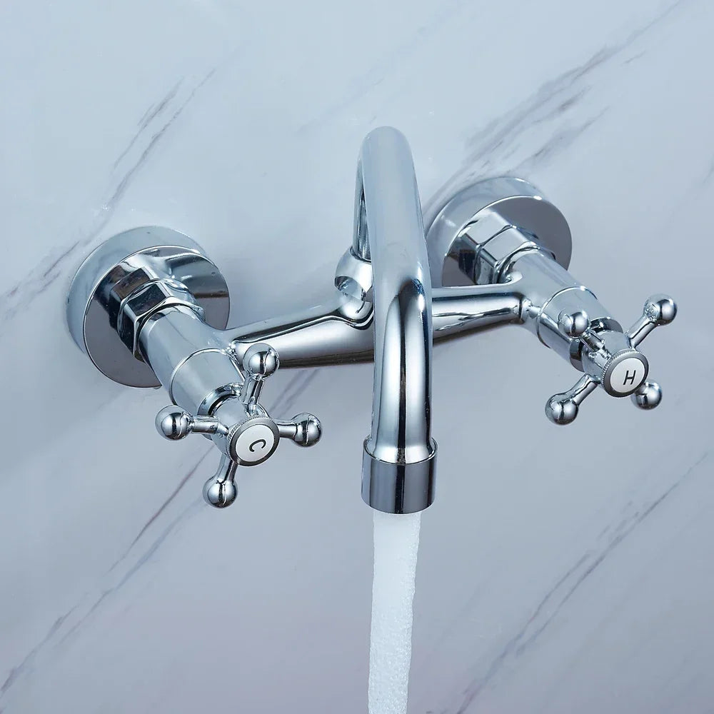 Modern Brass Bathroom Faucet, Wall Mount Two-handle Washbasin Mixer Tap, for Kitchen, Bathroom, Laundry, Garden, Silver
