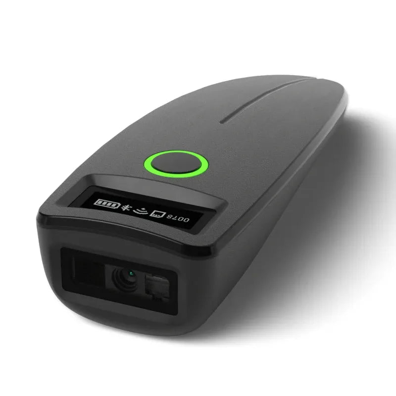 Close-up of a black handheld 2D barcode scanner with green power button ring.