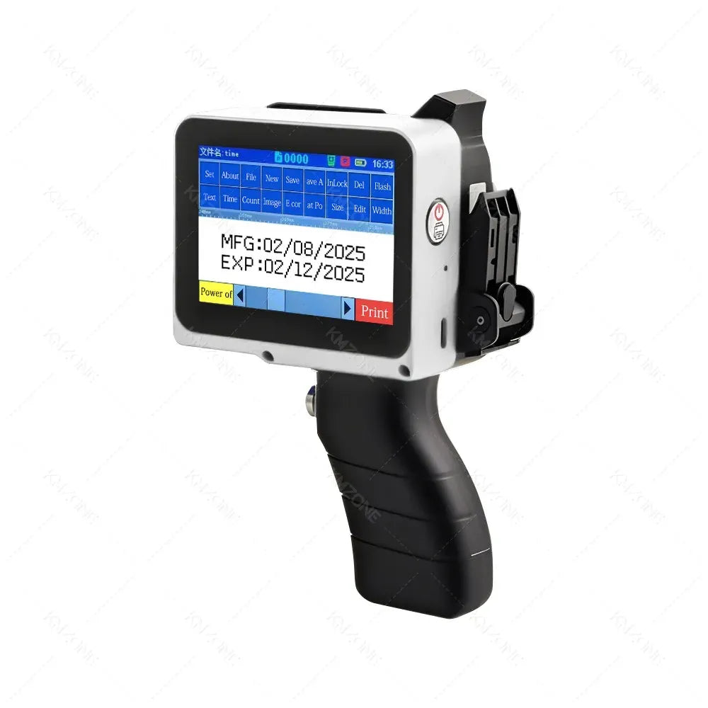 Blue and black handheld inkjet printer front view with screen showing MFG and EXP codes
