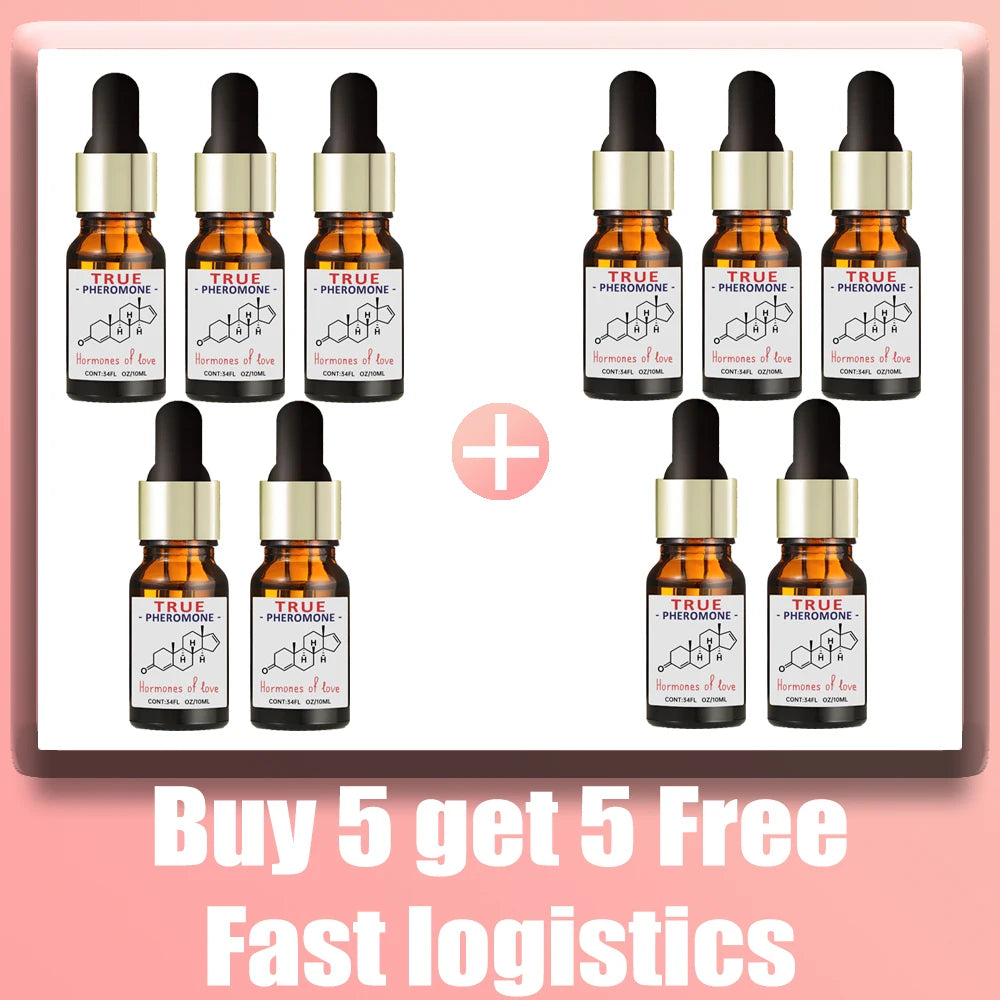 True Pheromone essential oil set in 10ml amber dropper bottles. Long-lasting unisex scent for dates and social events.