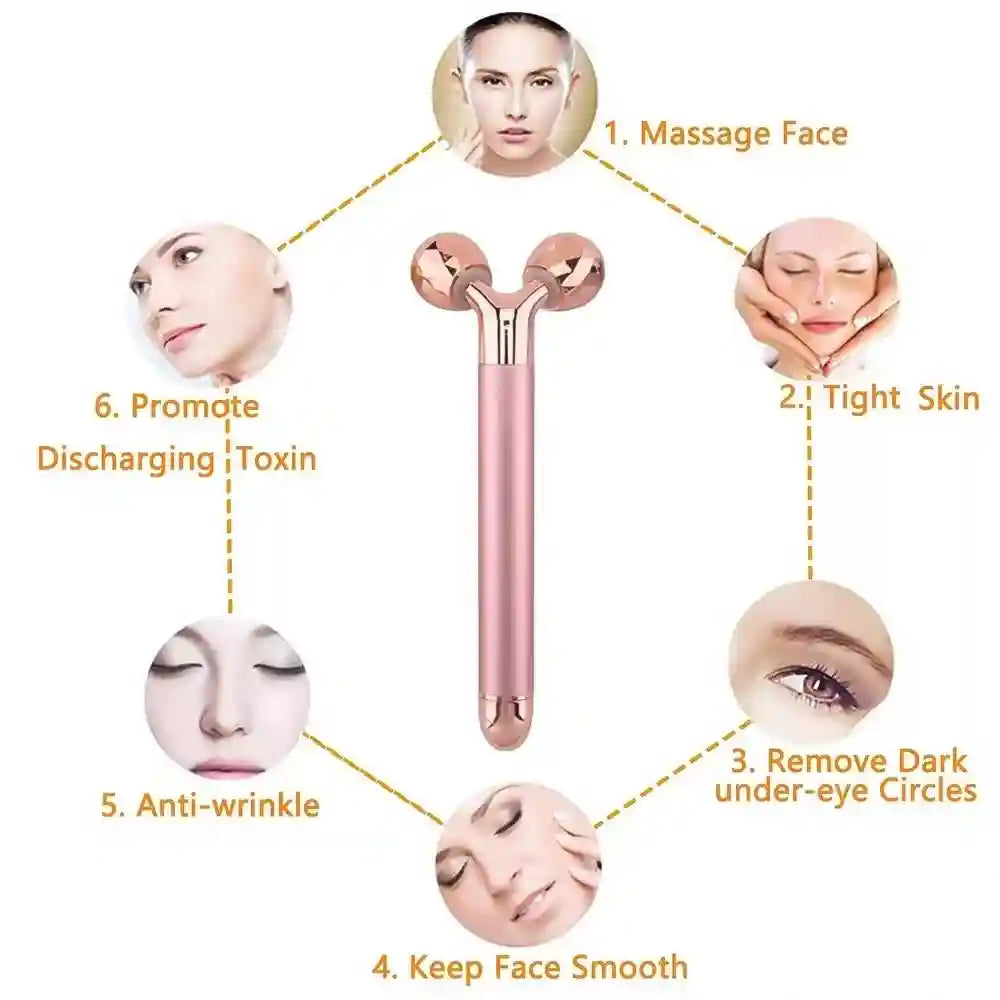 A rose gold, Y-shaped facial massager with faceted rolling heads, surrounded by icons showing its skincare benefits.