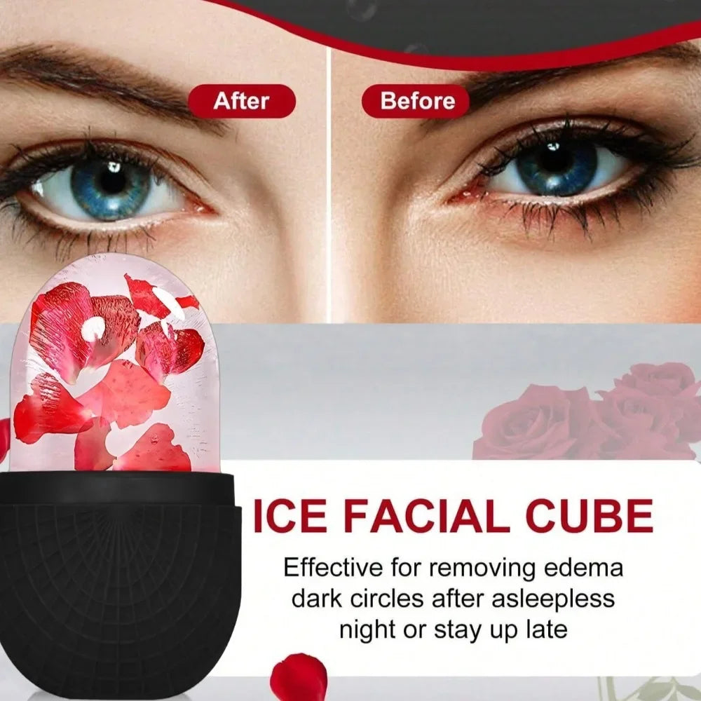 Ice facial cube with frozen rose petals in a black silicone holder, used to reduce facial puffiness and dark circles.